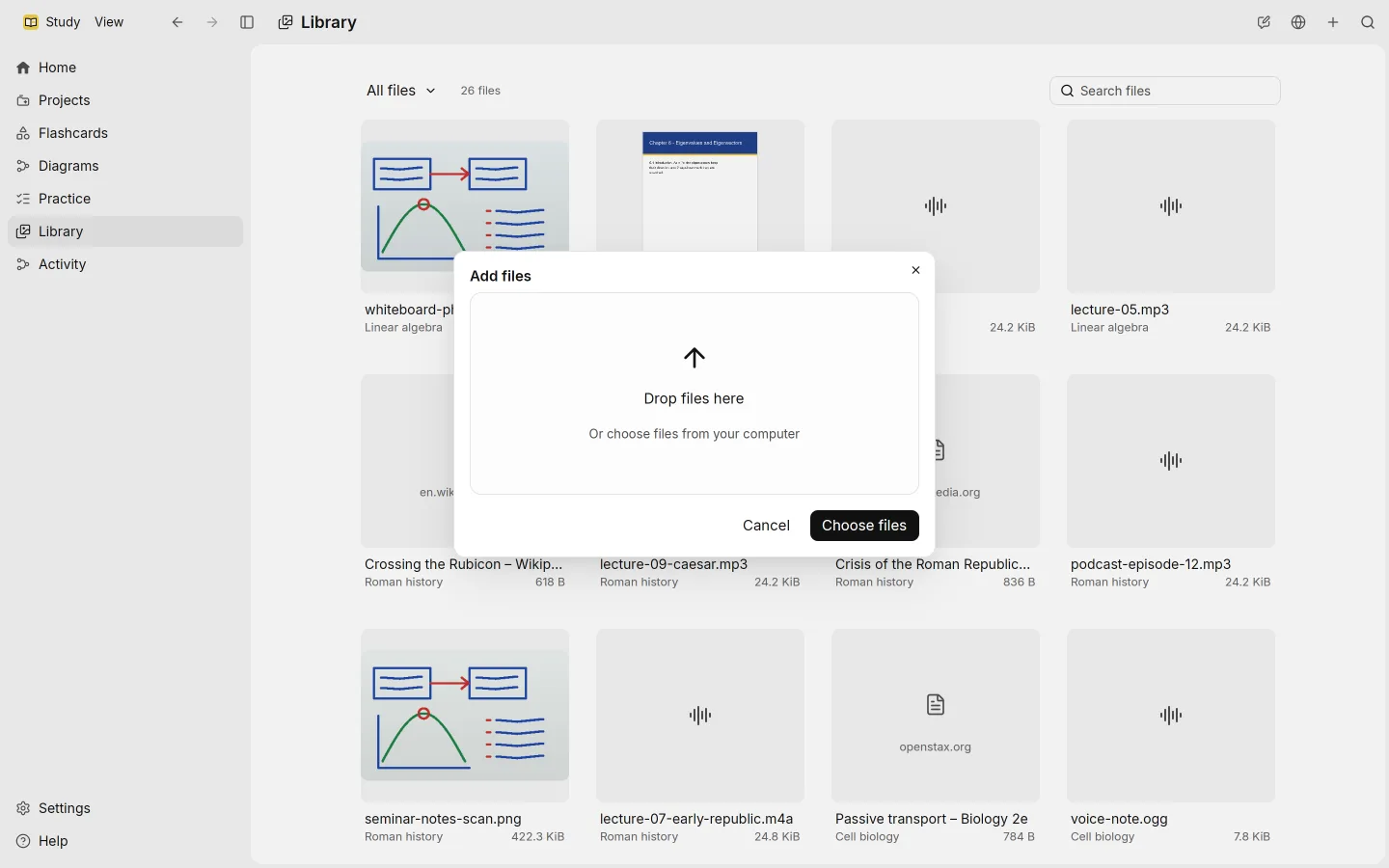 The Add files dialog in the Library, with a place to drop files and a Choose files button.