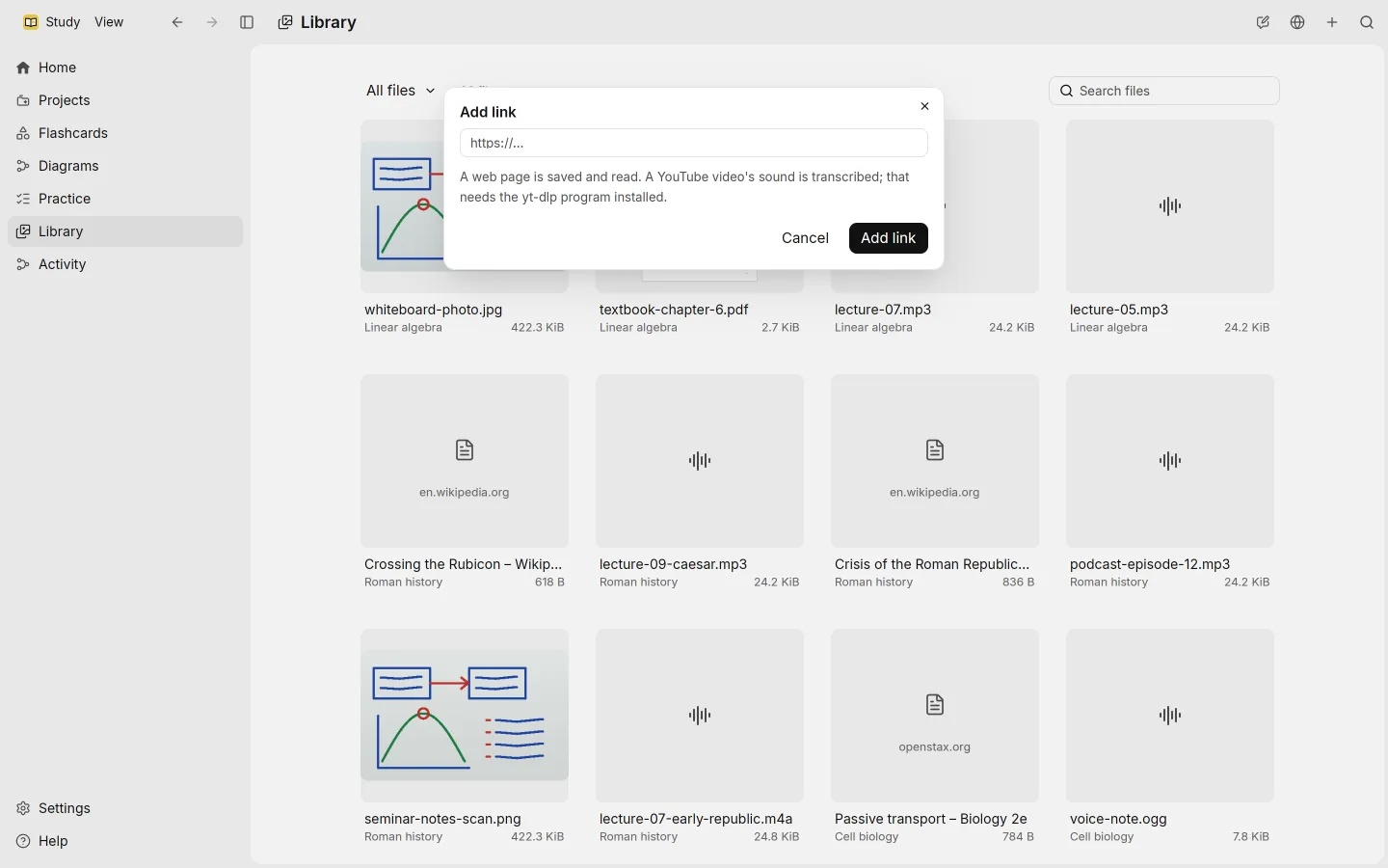The Add link dialog, with a field for the address and a note about YouTube videos.