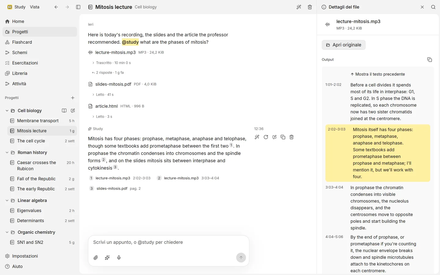Study su un corso di esempio: il passaggio citato della lezione di mitosi, dalle 2:02 alle 3:03, evidenziato nei dettagli del file.