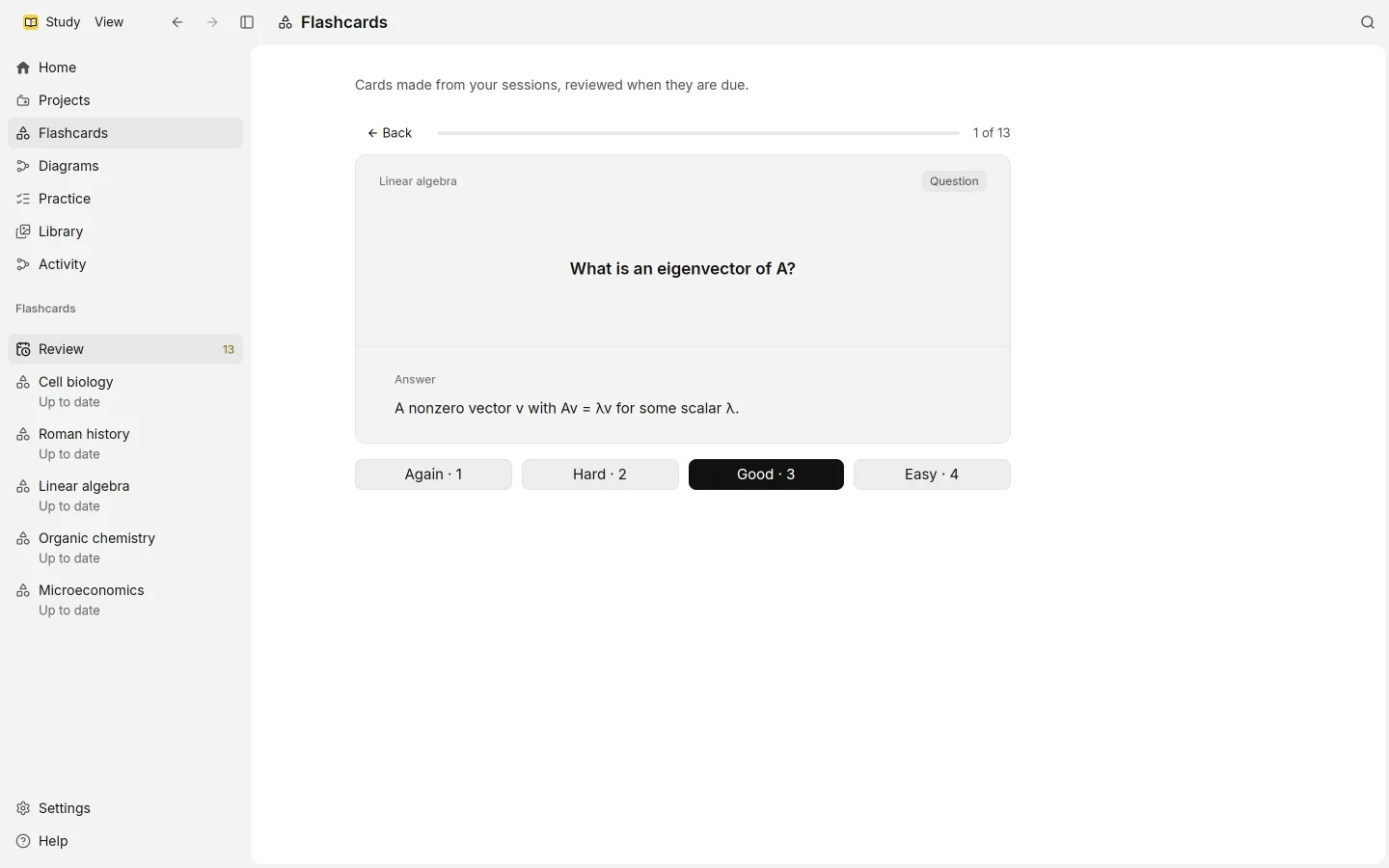 Study on a sample course: the four rating buttons under a flashcard, with Good picked.