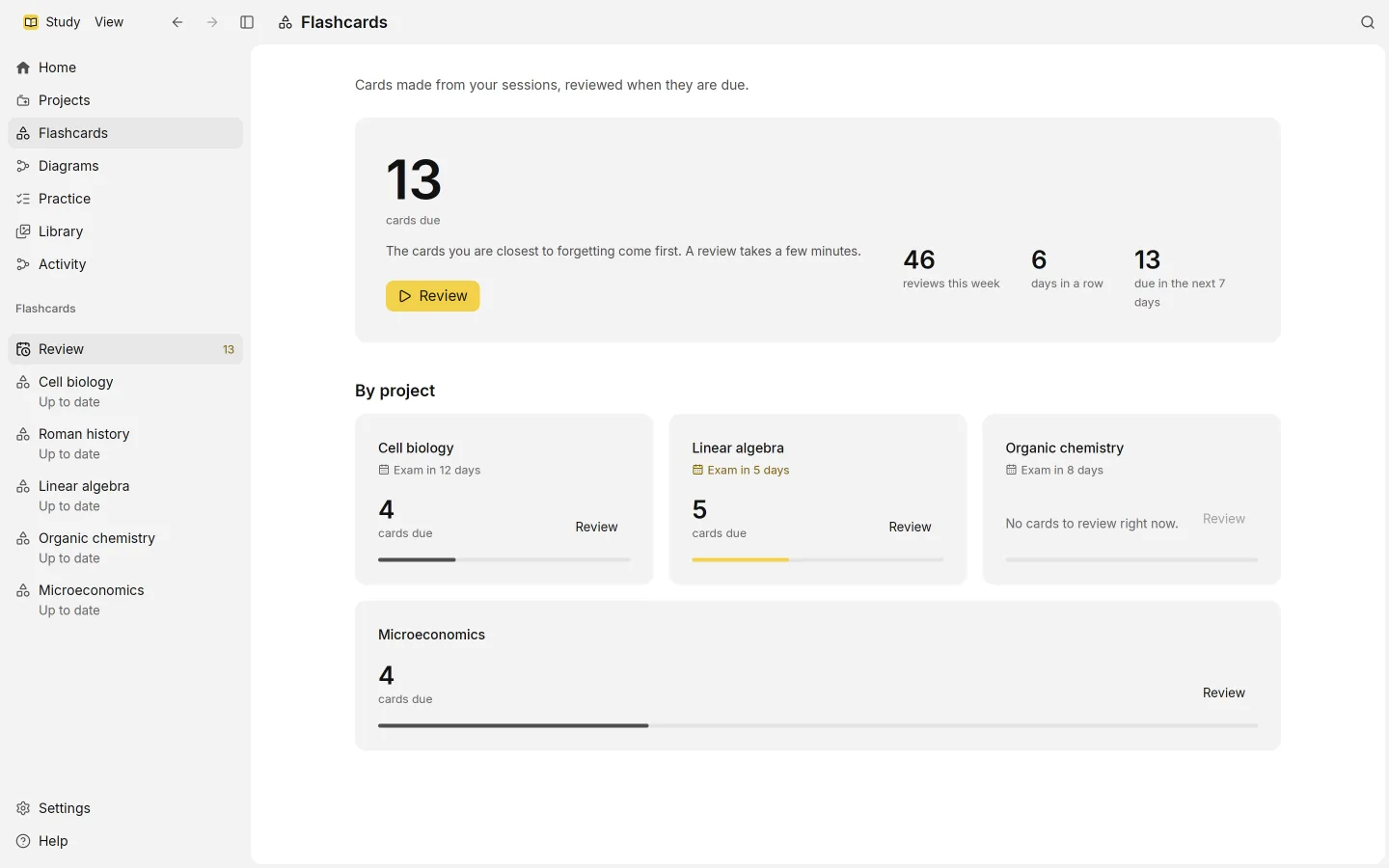 The Flashcards page: the cards due, reviews this week, the streak, and a tile for each project with its exam countdown.