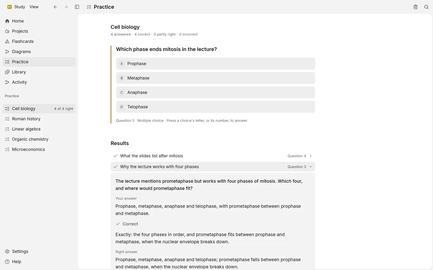 Study on a sample course: an open question on mitosis marked Correct, with feedback that says why.