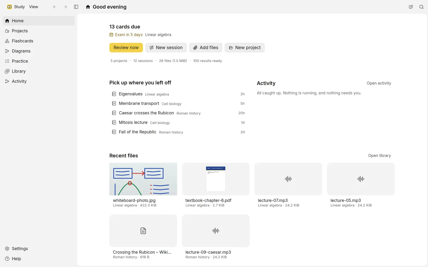 The Study home page, with a greeting, the cards due today, an exam countdown and quick actions.