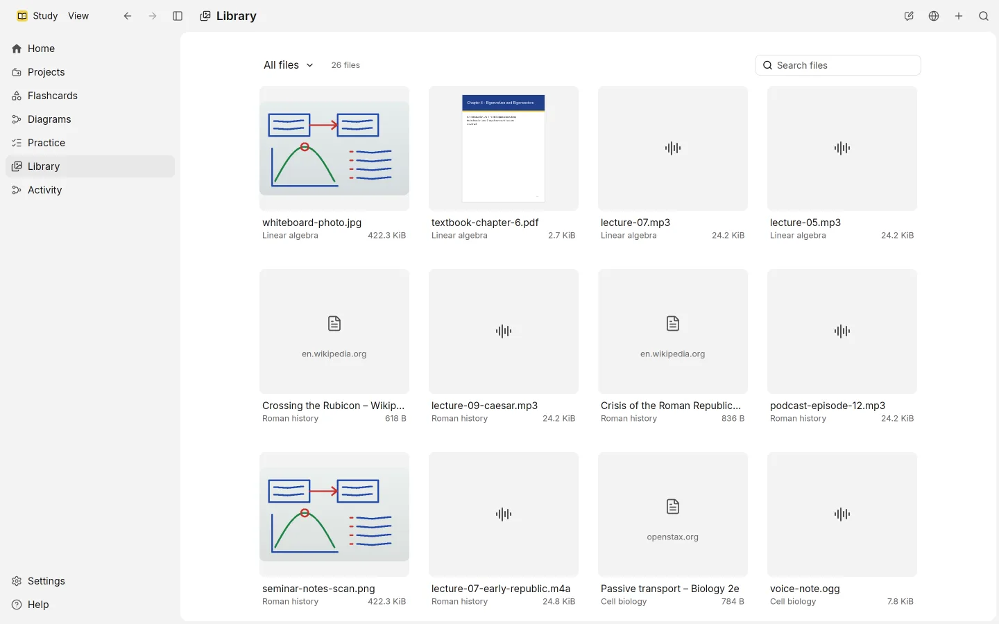 The Library, with recordings, PDFs, pictures and web pages from several projects.