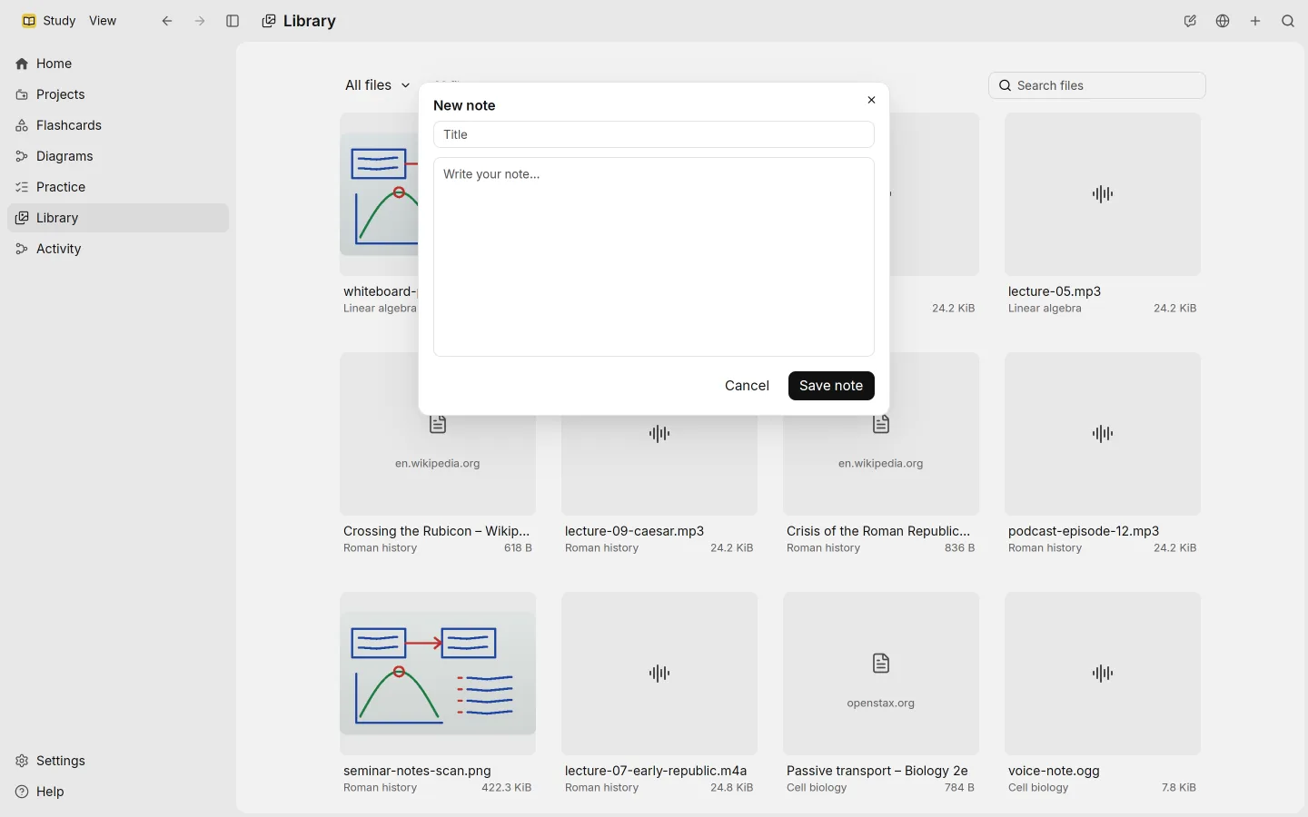 The New note dialog in the Library, with a title and the text of the note.