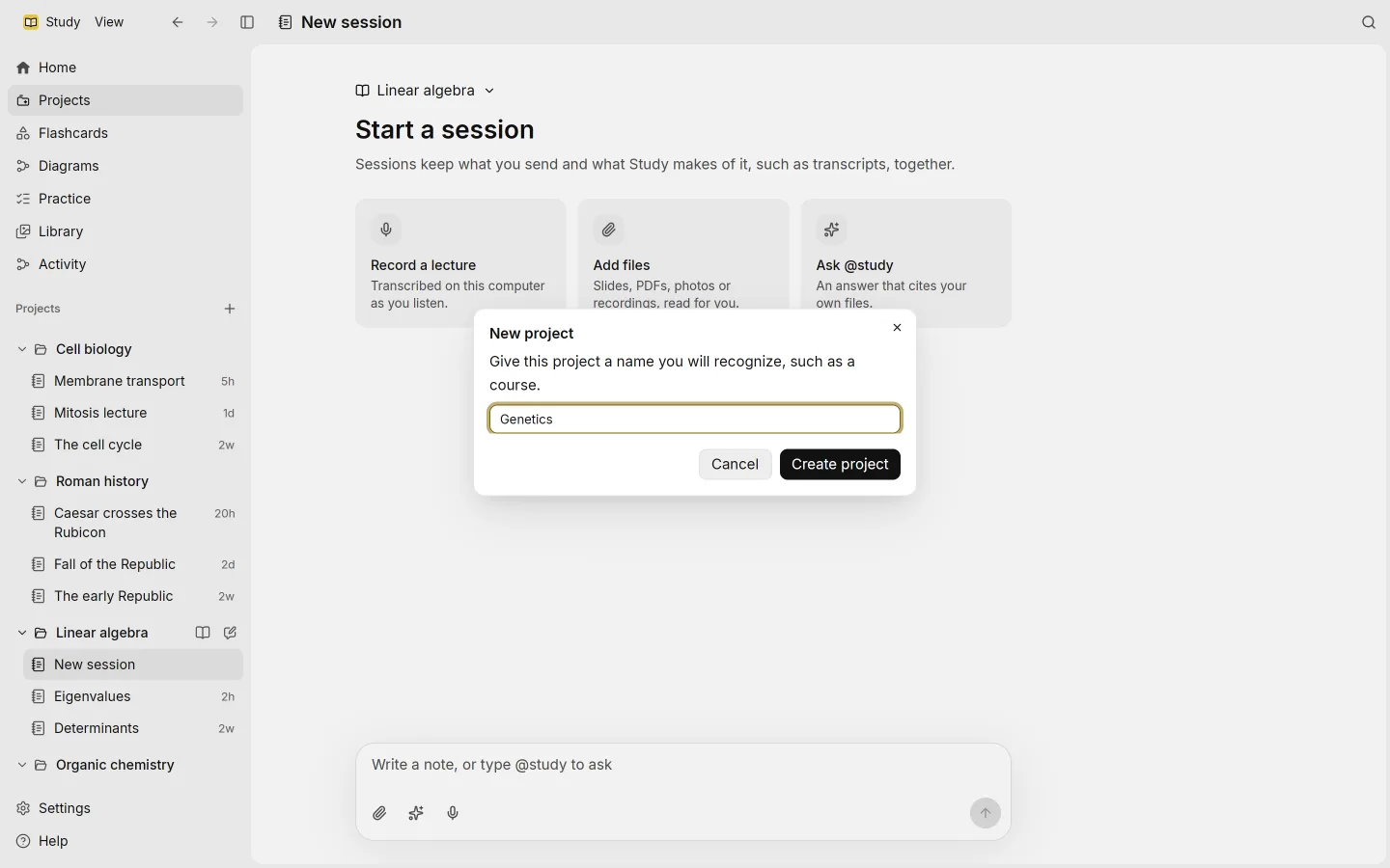 The New project dialog over a new session, with "Genetics" typed as the name.