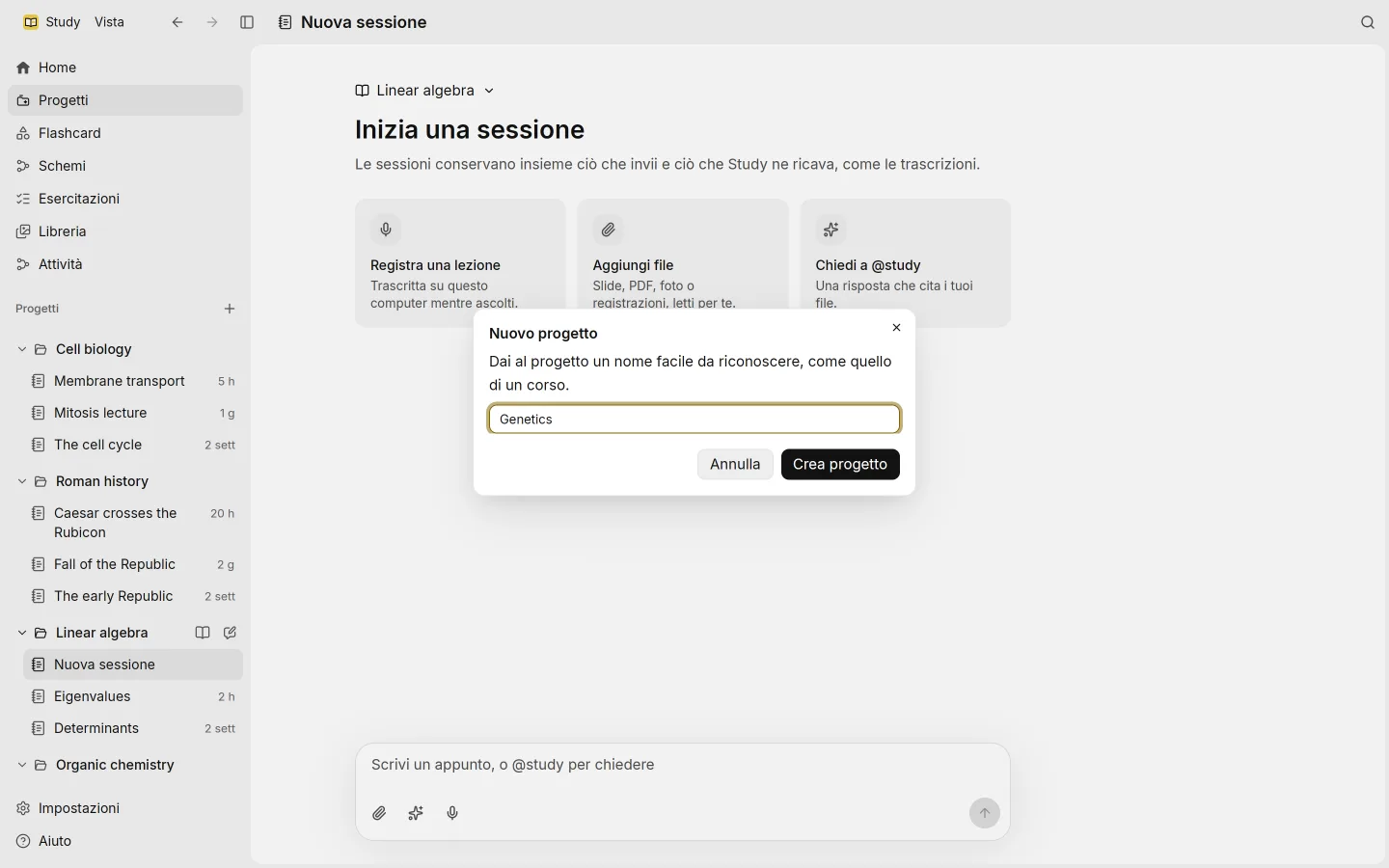 La finestra Nuovo progetto sopra una sessione nuova, con "Genetics" scritto come nome.