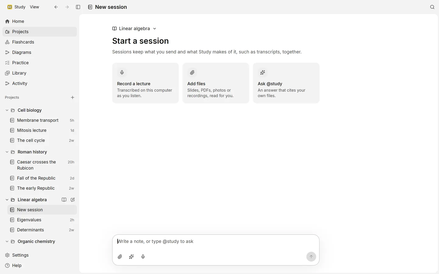 A new session, with three cards: Record a lecture, Add files and Ask @study.