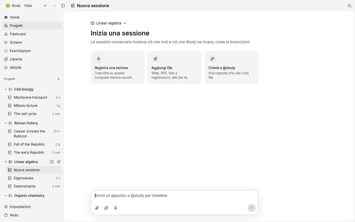 Una sessione nuova, con tre schede per registrare una lezione, aggiungere file o chiedere a @study.