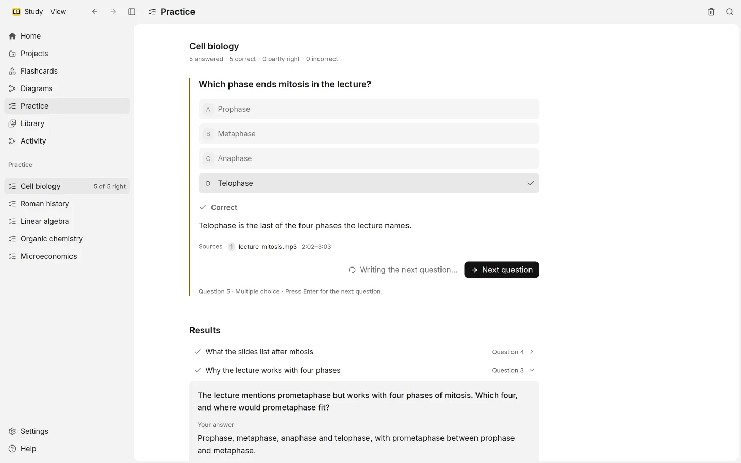 An answered question with its verdict, the feedback, and the right answer.