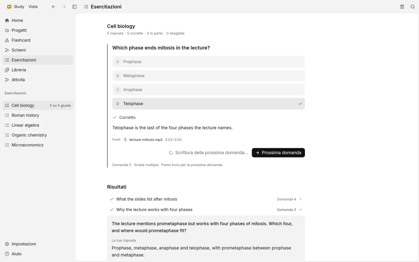 Una domanda con risposta, il suo esito, il commento e la risposta giusta.