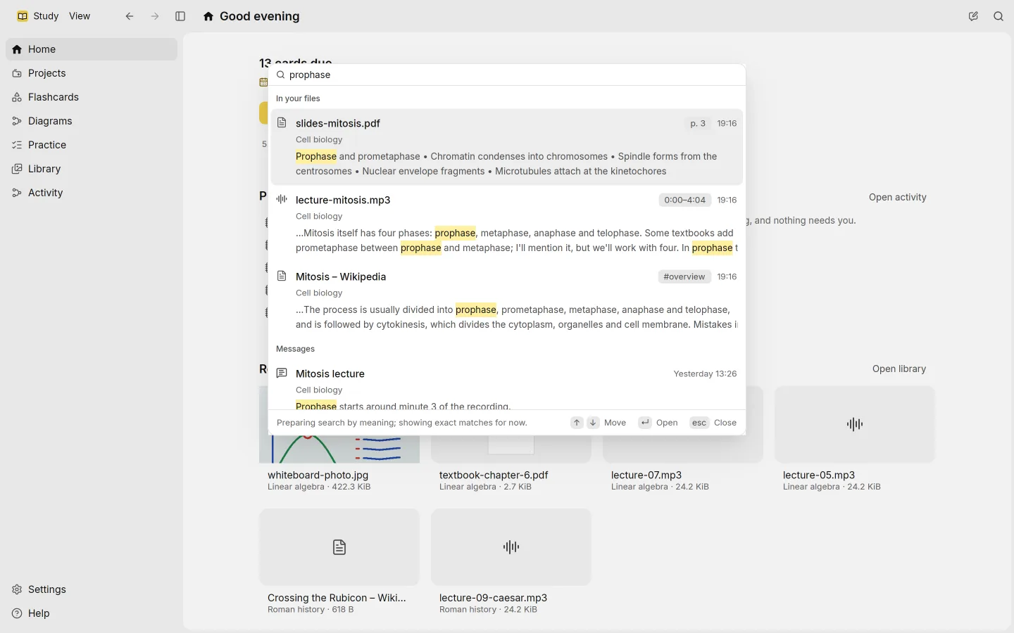 Search open over the app, with results grouped into projects, sessions, files and passages.