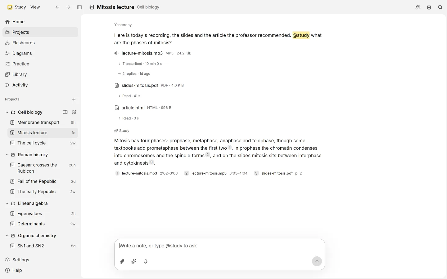A session with notes, an attached file being transcribed, and an answer from @study with citations.