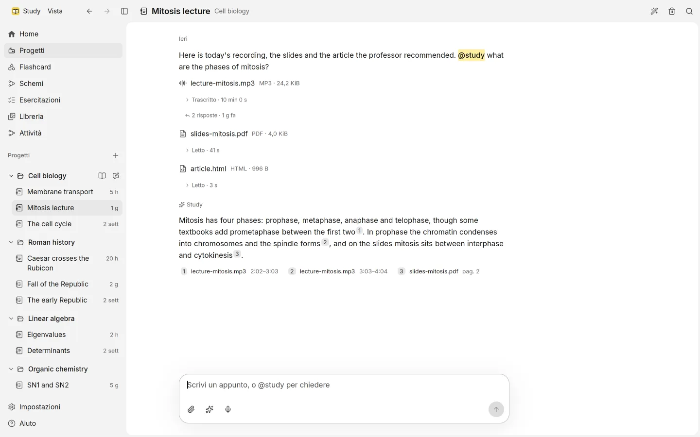 Una sessione con appunti, un file allegato in trascrizione e una risposta di @study con le citazioni.