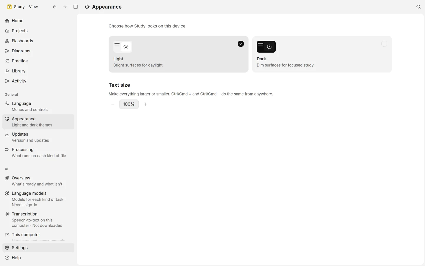 Settings › Appearance, with the Light and Dark themes and the text size.