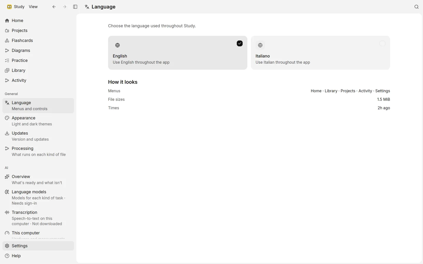Settings, with the General and AI groups in the sidebar.