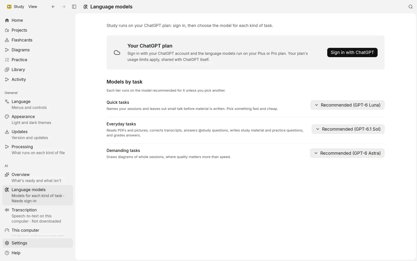 Settings › Language models: sign-in with ChatGPT, and the model for quick, everyday and demanding tasks.