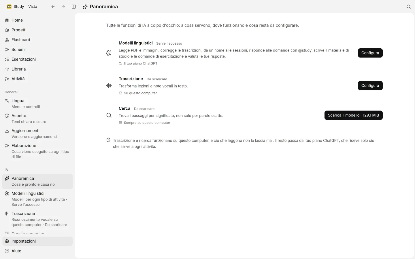 Impostazioni › Modelli linguistici: l'accesso con ChatGPT, e il modello per le attività rapide, quotidiane e impegnative.