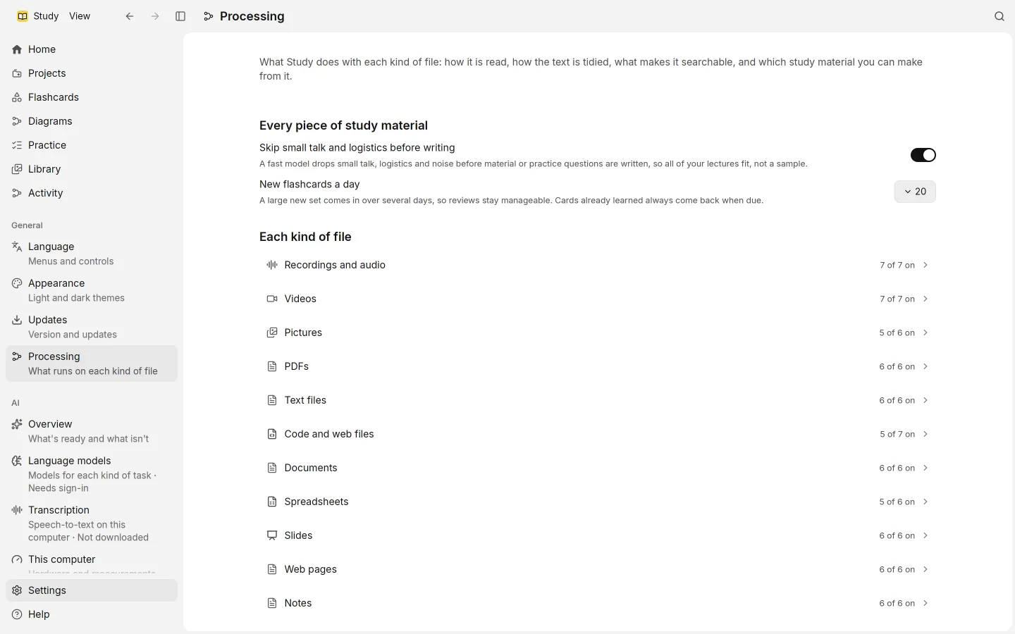 Settings › Processing: a table of every kind of source, with a switch for each step.