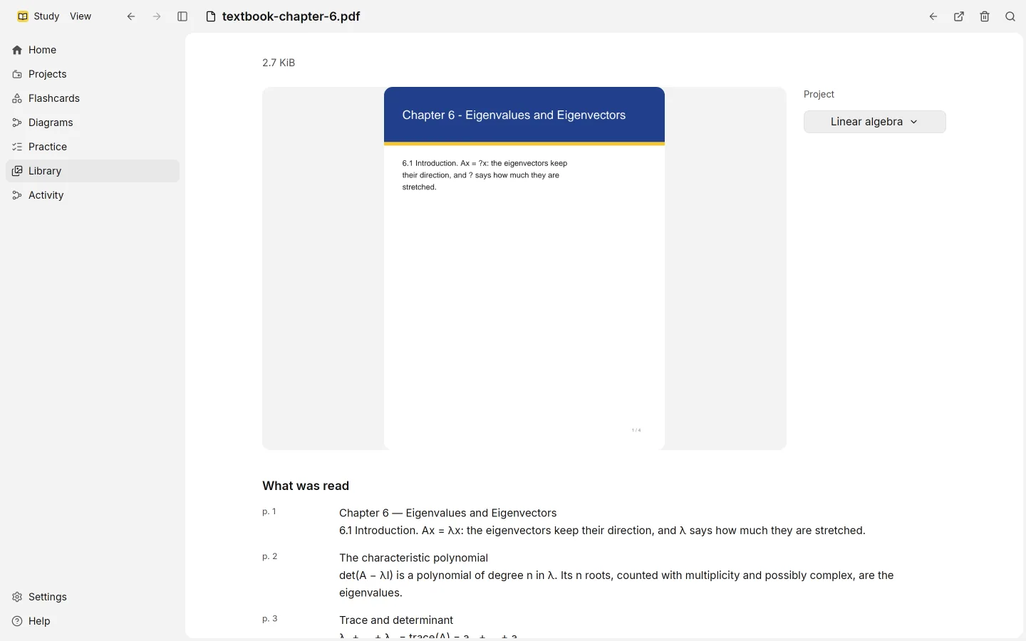 A PDF open in the Library: its first page beside its project, and the text read from each page below.