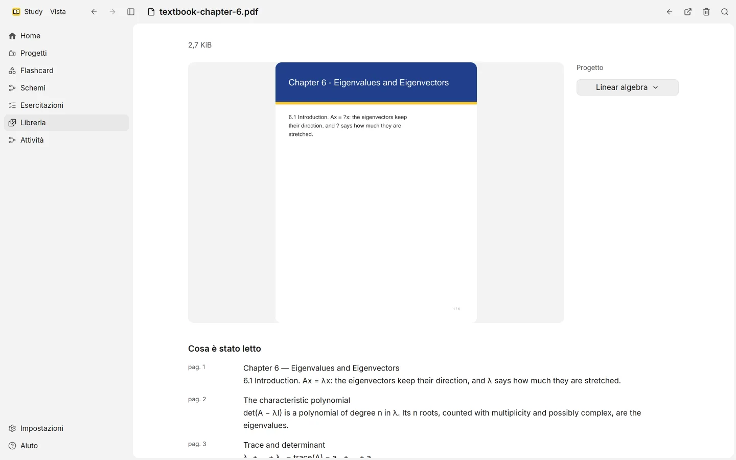 Un PDF aperto nella Libreria: la prima pagina accanto al progetto, e sotto il testo letto da ogni pagina.
