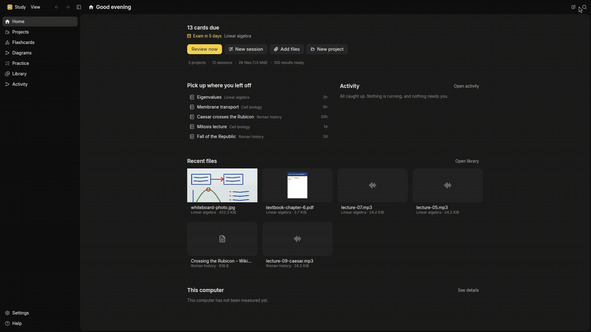A short tour of Study: Home, an answer citing the lecture recording, a diagram, a flashcard review, a quiz and search